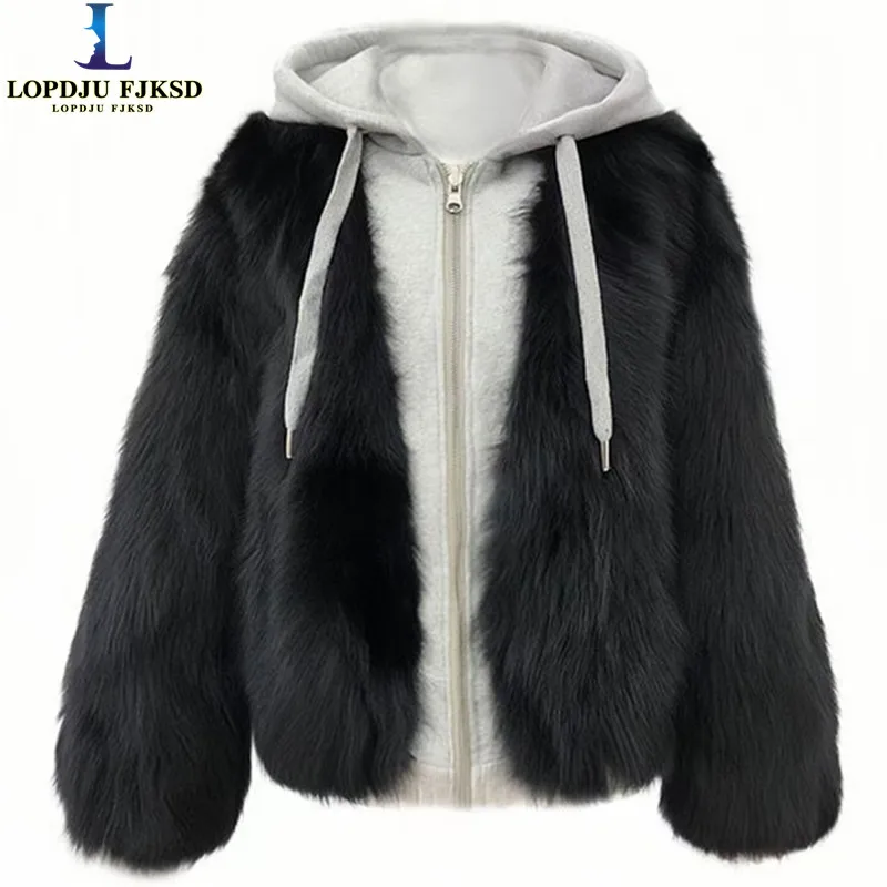 Faux Fox Fur Coat for Women,Fake Two-Piece Fur Jacket,Thick Female Clothes,Hooded,Zippers,New,Winter,2025