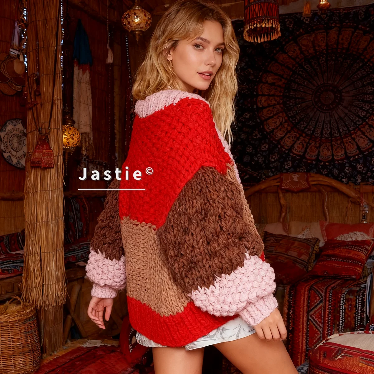 

2026 Autumn/Winter Christmas Women's Sweater Striped V-neck Long Sleeve Loose Thick Chunky Knit Cardigan Boho Sweater Coats