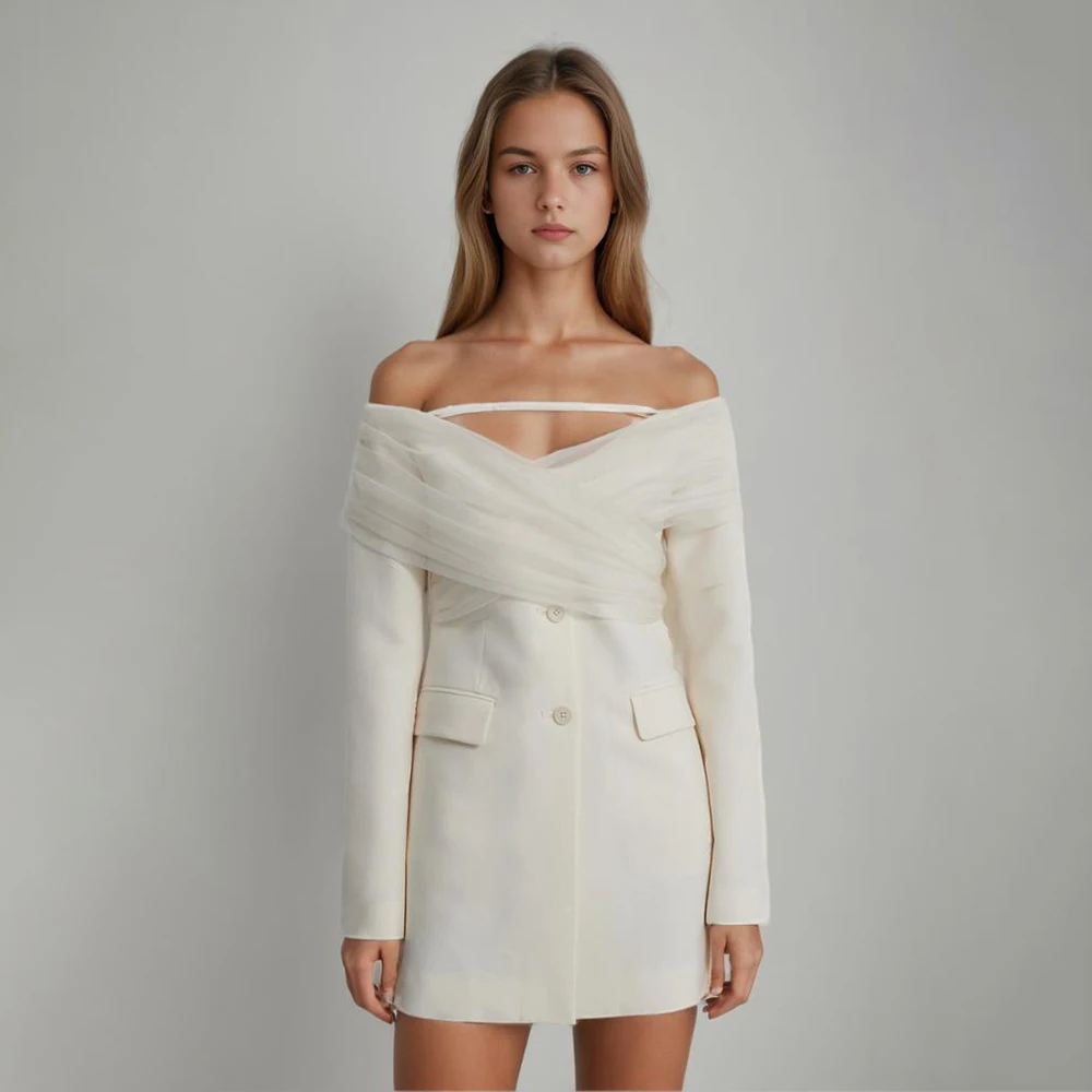 

Hollow Out Patchwork Mesh Blazers For Women Slash Neck Long Sleeve Backless Spliced Zipper Slimming Blazer Female Fashion