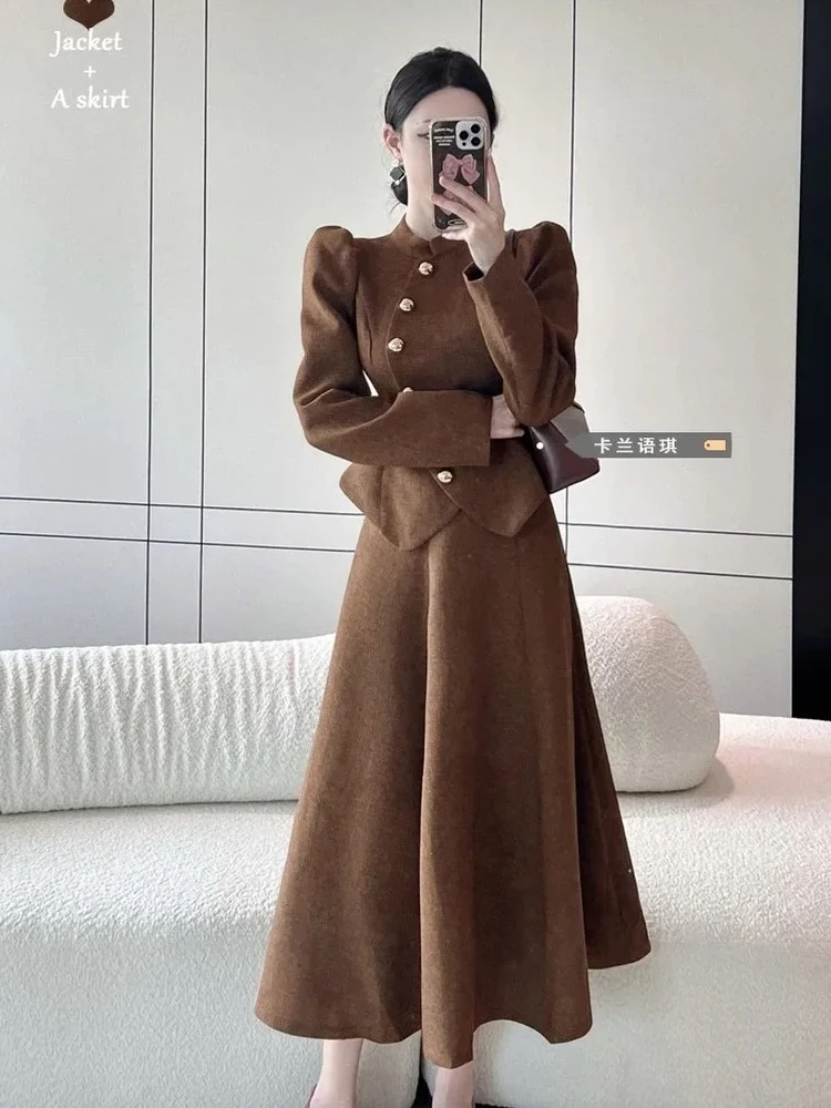 

New Autumn Retro Khaki Puff Sleeve Stand Collar Jacket Women Shirts Crop Coat High Waist Slim Black Irregular Skirt Sets