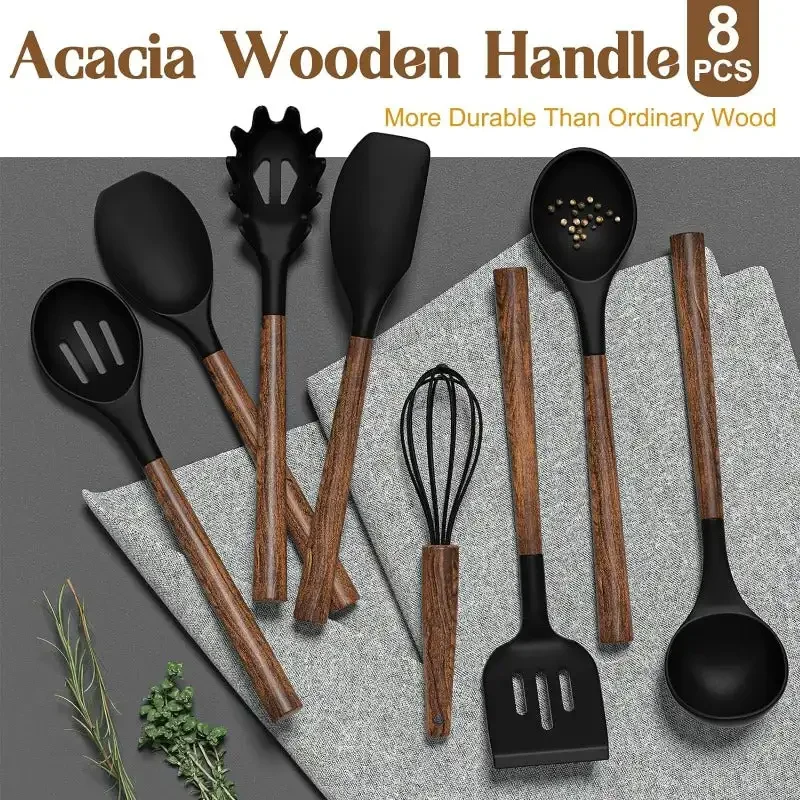 Silicone Cooking Utensil Set, 8-Piece Kitchen Set with Natural Acacia Wooden Handles,Silicone Heads-Silicone