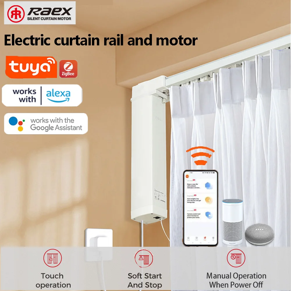 

Raex Zigbee Tuya app Smart Curtain Motor Smart Home Drive engine Electric Curtain Track Rail Rod System Support Google Alexa