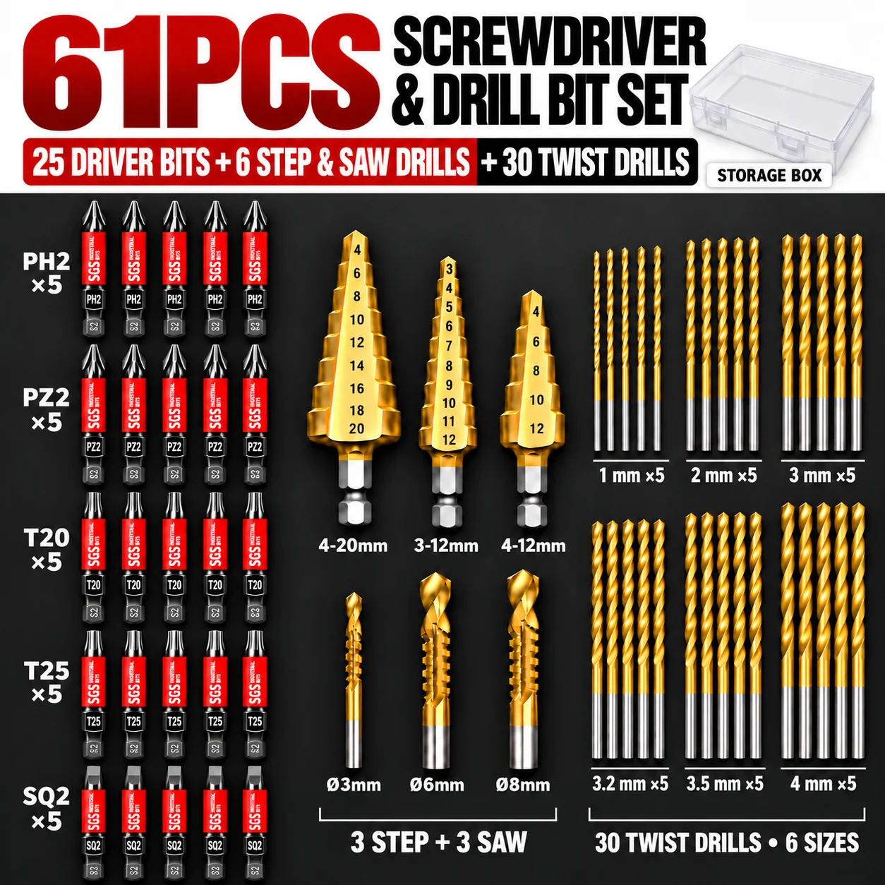 61-Piece Screwdriver Bit and Drill Bit Set, 25 Magnetic Screwdriver Bits (Ph2/Pz2/T20/T25/Sq2) Made of 50mm S2 Steel, 3 Step Drills/Taper Drills, 3 Serrated Drills, 30 Twist Drills, with Transparent Storage Box, Suitable for Thin Sheet Drilling, Hole Enlargement, Woodworking Drilling, Furniture Installation, DIY Projects, and Home Repairs
