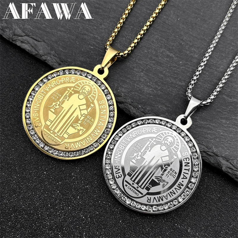 

Hop Hop Saint Benedict Pendant Necklace for Women Men Stainless Steel Gold Silver Color Rhinestone Religion Chain Jewelry