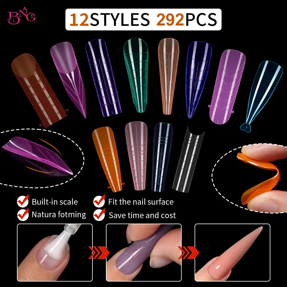 BNG 292PCS Dual Forms for Poly Nail Gel Colorful Nail Extension Molds Stiletto Coffin Square Acrylic Nail Tips 12 Shapes