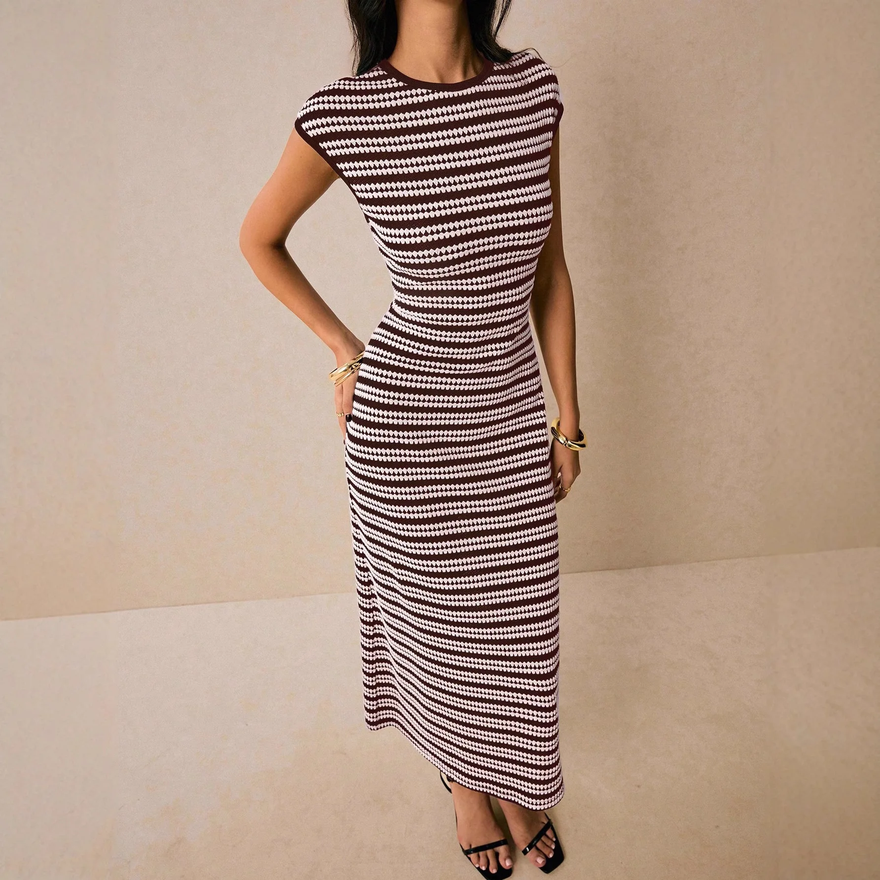 Fashion Striped Color Block Waist Cute Summer Dresses for Women Short Sleeve Round Neck Long Dress