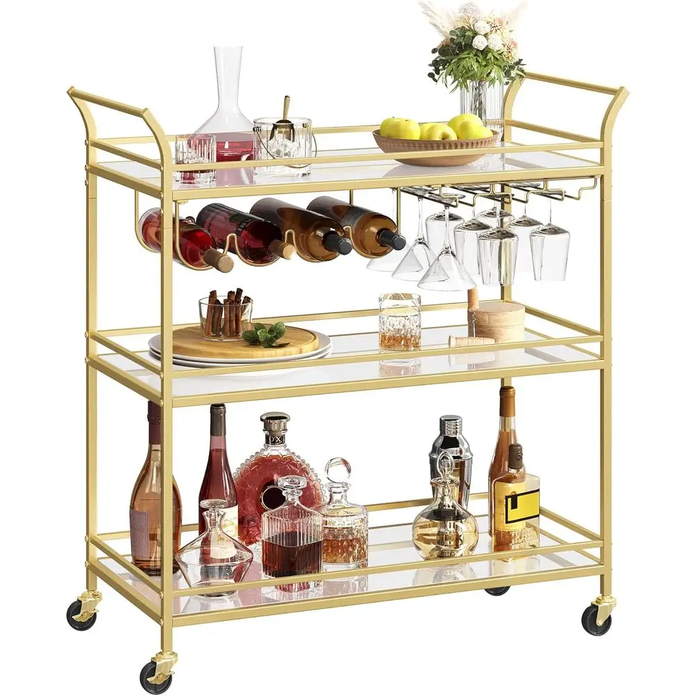 

Large 3-Tier Mirrored Home Bar Cart with Wine and Glass Holders, 15x33.9x35.4 Inches, Gold