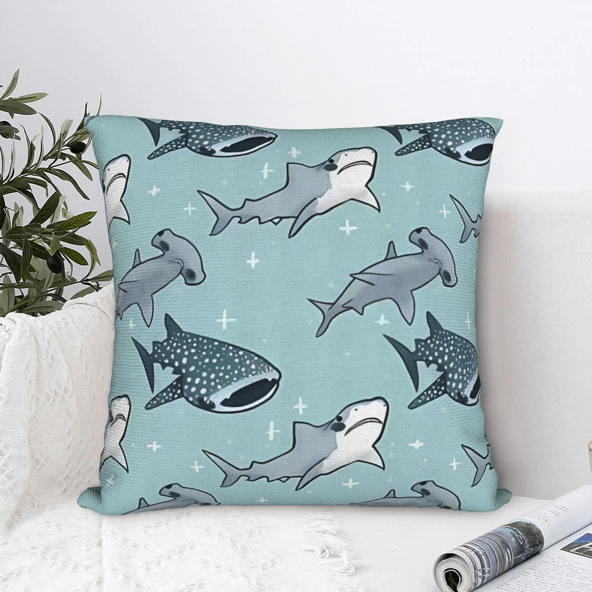 Shark Pillow Cover Cartoon Ocean Animal Print Decorative Cushion Case – 18x18 Inch, Zippered Machine Washable for Living Room