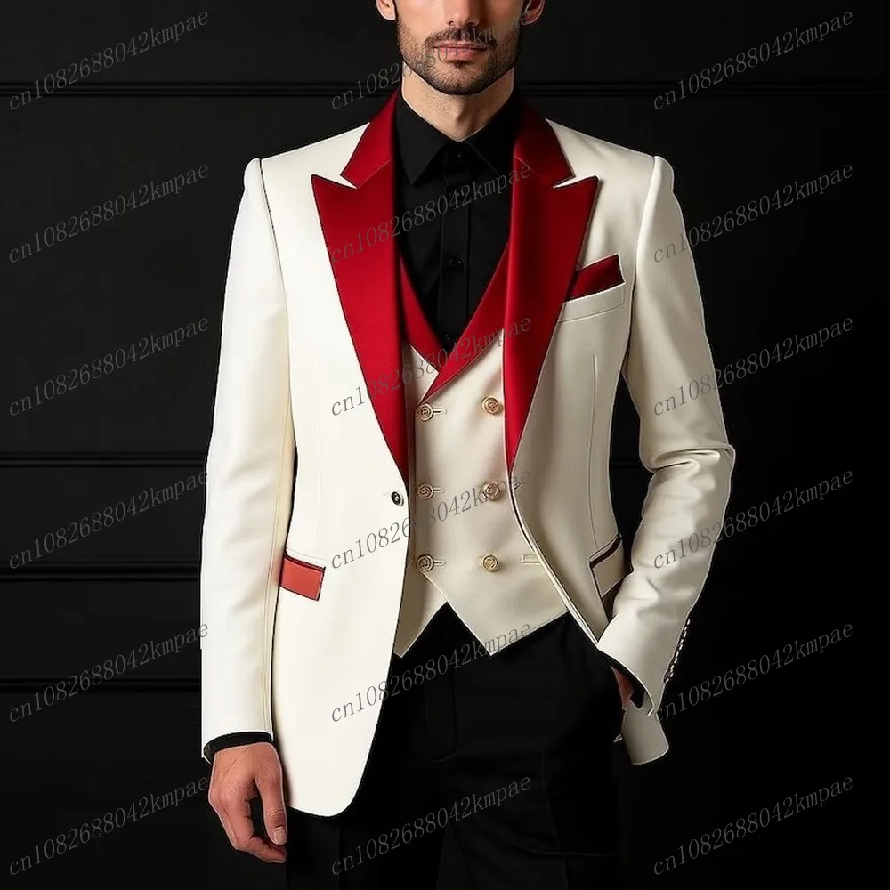 

New Red White Black Formal Men Suit Groom Groomsman Wedding Party Prom Business Male Tuxedos 3 Piece Set Blazer Vest Pants