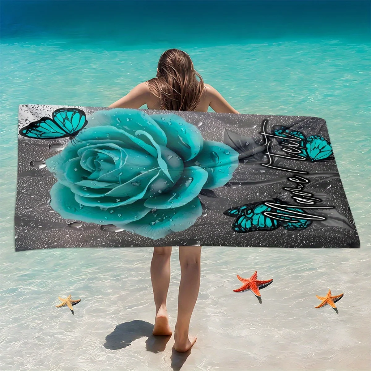 Custom Teal Rose Butterfly Beach Towel Personalized Name Raindrop 160x80cm Microfiber Bath Towels All Season Soft Absorbent