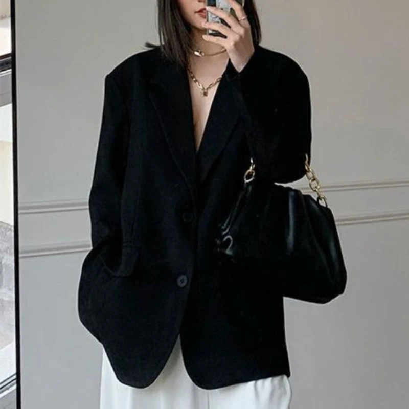 Black Blazers Women Loose Solid Outwear Temper British Style Casual Ulzzang Fashion Classic All-match Unisex Streetwear Retro