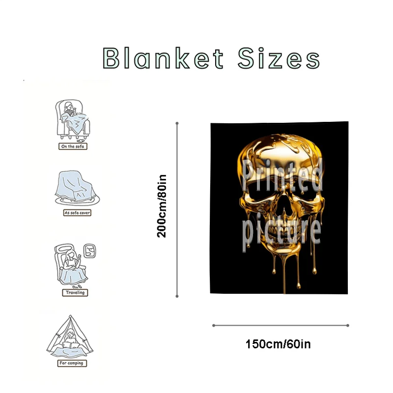 Luxury Gold Dripping Skull Throw Blanket Cozy Aesthetic Gothic Home Decor Gift for Man Woman 150x200cm