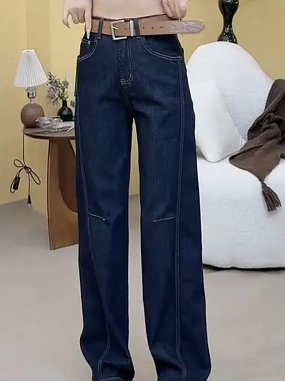 

Faionable Versatile Premium Denim Slim Straight Long Pants Winter New Thiened Warm Floor-Length Wide Leg Jeans