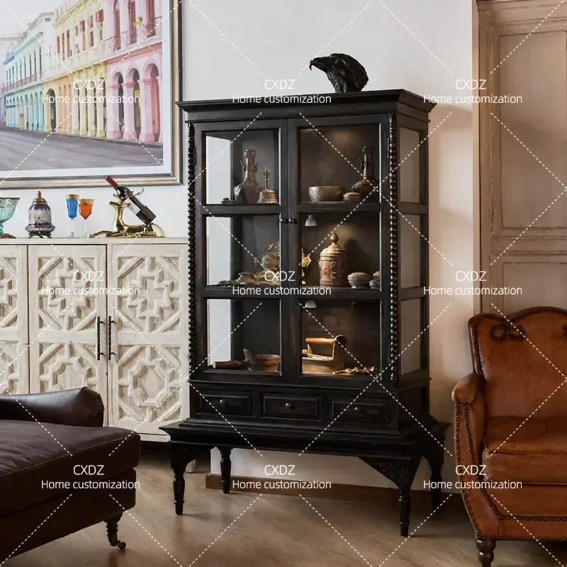French retro glass wine  medieval neoclassical black decorative  double door display cabinet  dining