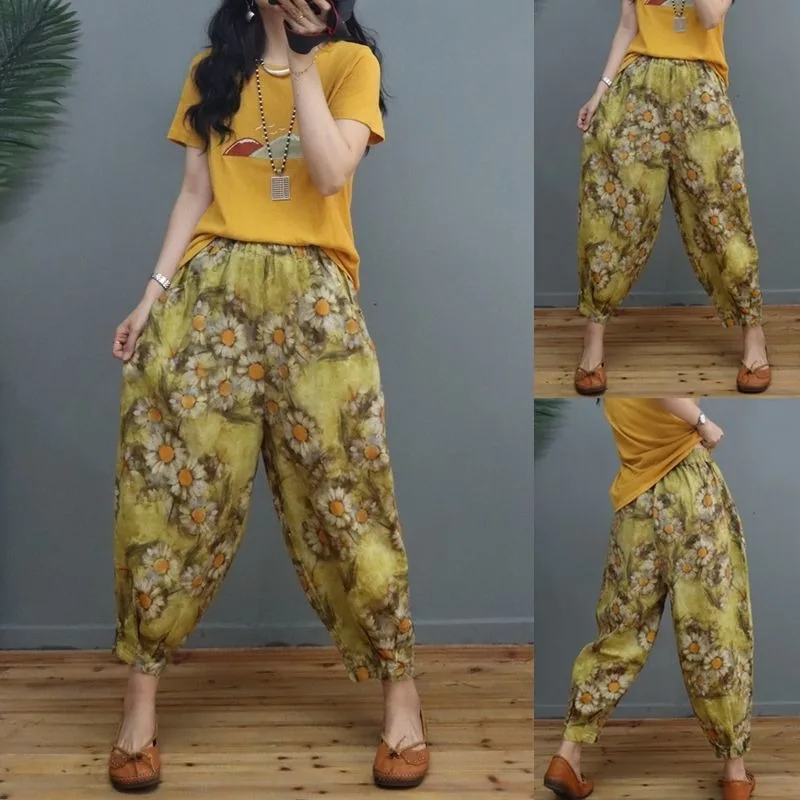 

Новые модные повседневные женские брюки с принтом, лето 2025 г., новые свободные универсальные тонкие шаровары с девятью точками