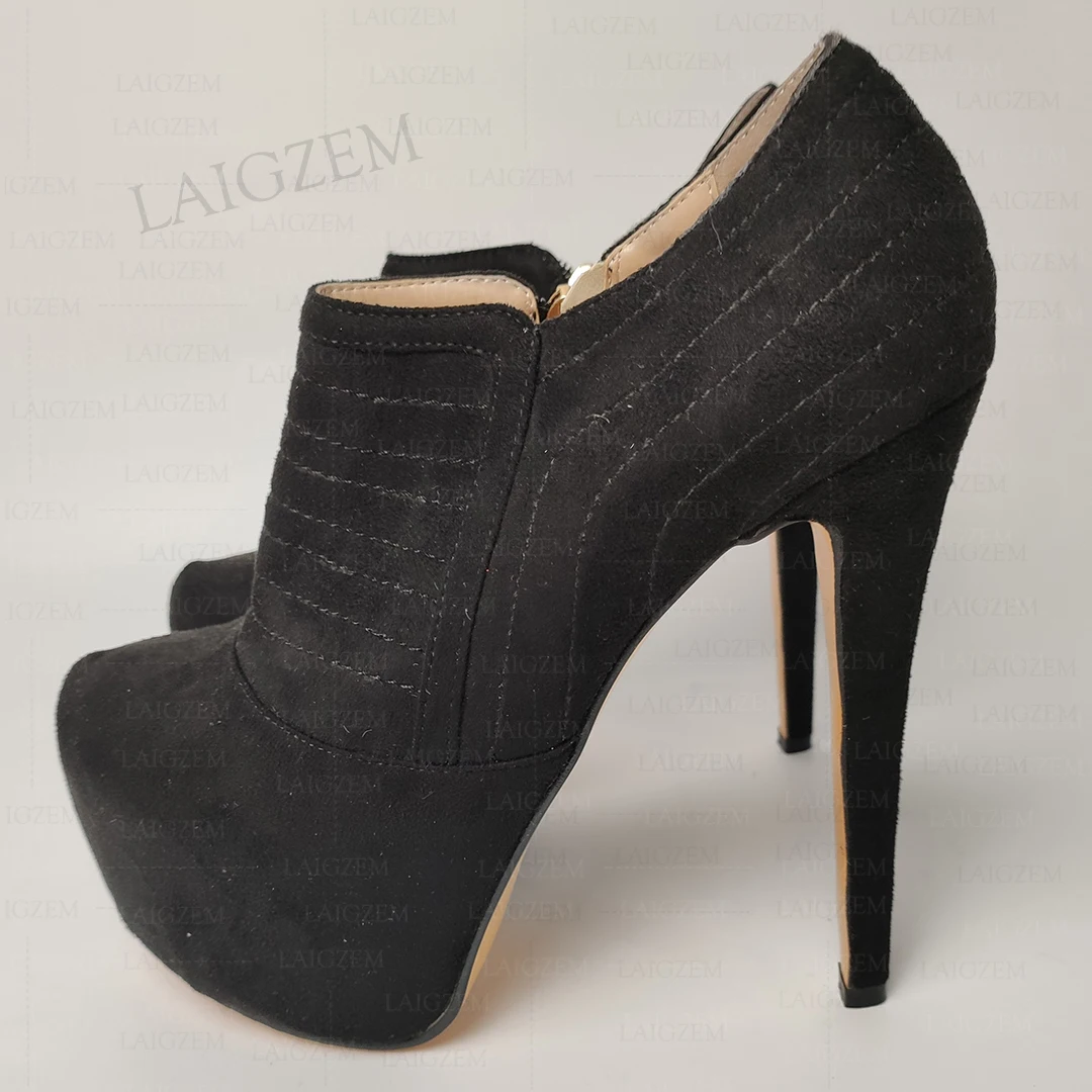 

LAIGZEM Женские ботильоны на молнии сбоку из искусственной замши, ботильоны на тонком высоком каблуке, женская обувь ручной работы, женские большие размеры 41 43 46 47