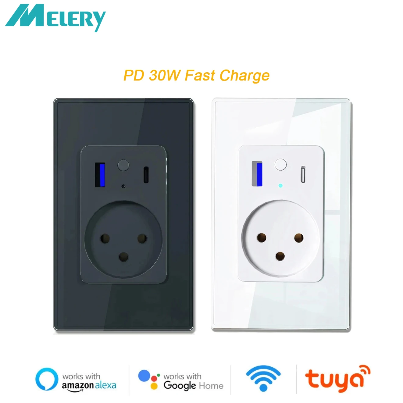 

Melery Tuya Alexa Wifi Smart Israel Power Wall Socket USB 4.8A Type C PD 30W for IphonePlug Outlet Glass Panel by Google Home