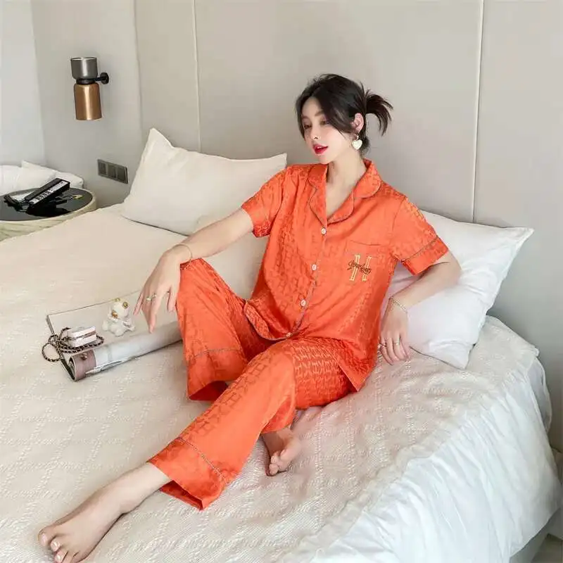 

Ice Silk Pajamas Women's Summer New Style Short Sleeve Comfort Thin Out Wear Home Pyjamas Suit Set