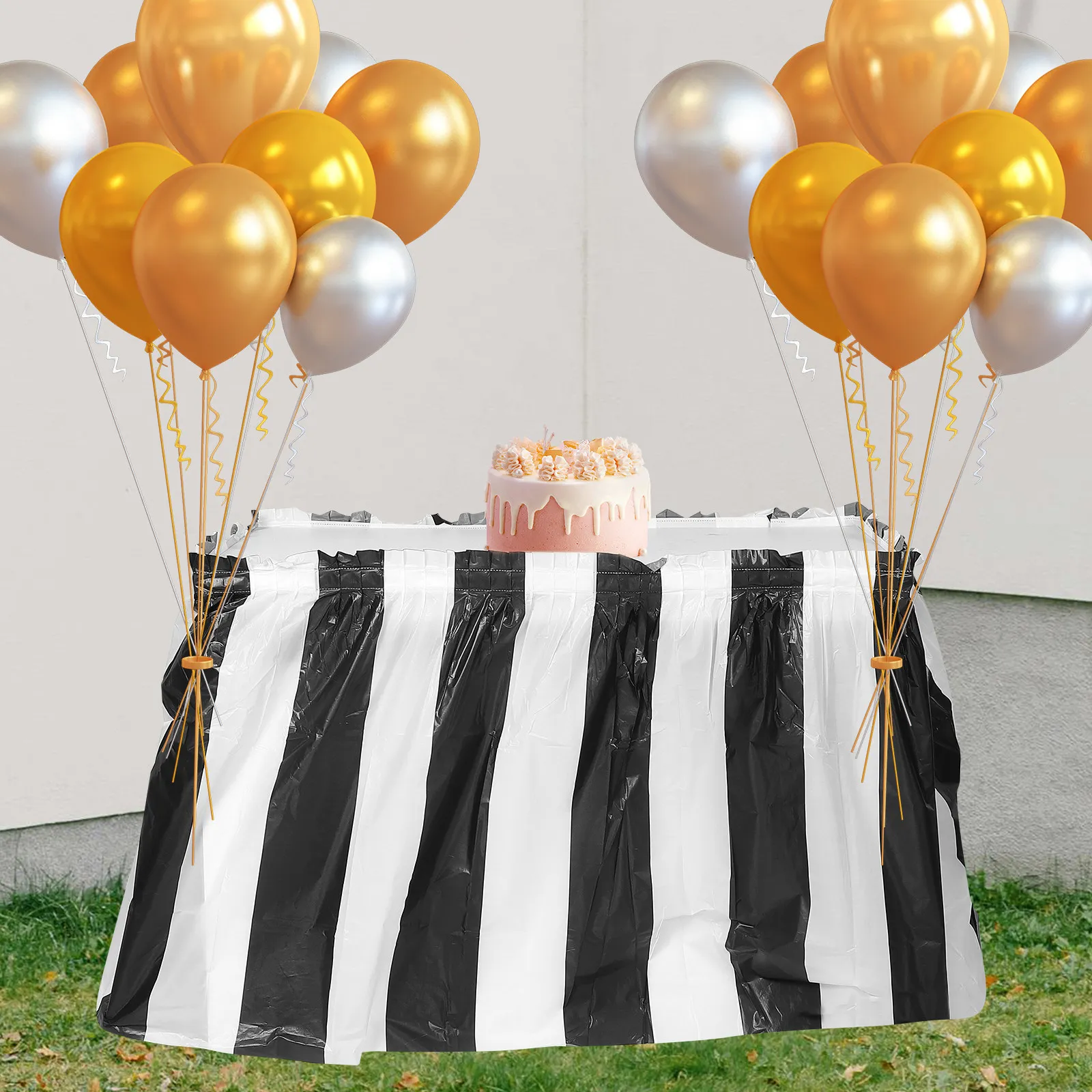Festive Stripe Table Skirt Waterproof Plastic for Rectangle Table Birthday Party Holiday Festival Party Photo Prop