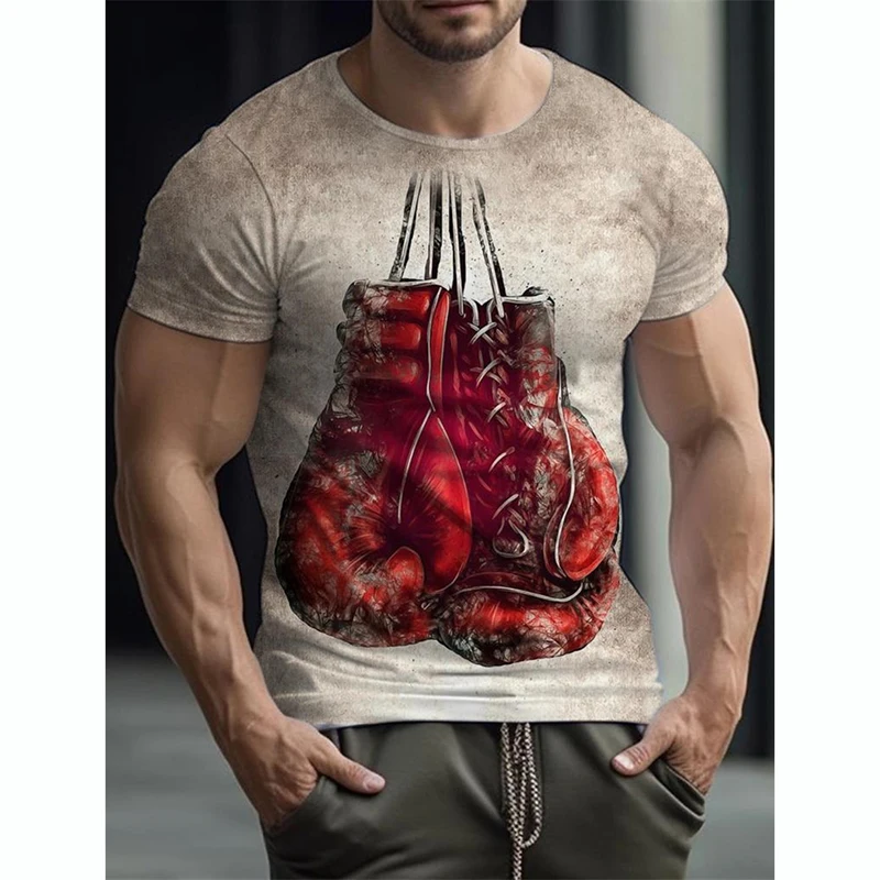 Boxing Gloves T-shirts Men's Gym Fitness Sports T-shirt Clothing O-neck Short Sleeve Retro 3D Print Casual Fashion Loose Tees