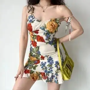 

Oil painting print shoulder strap camisole dress ruffle edge short skirt A-line skirt