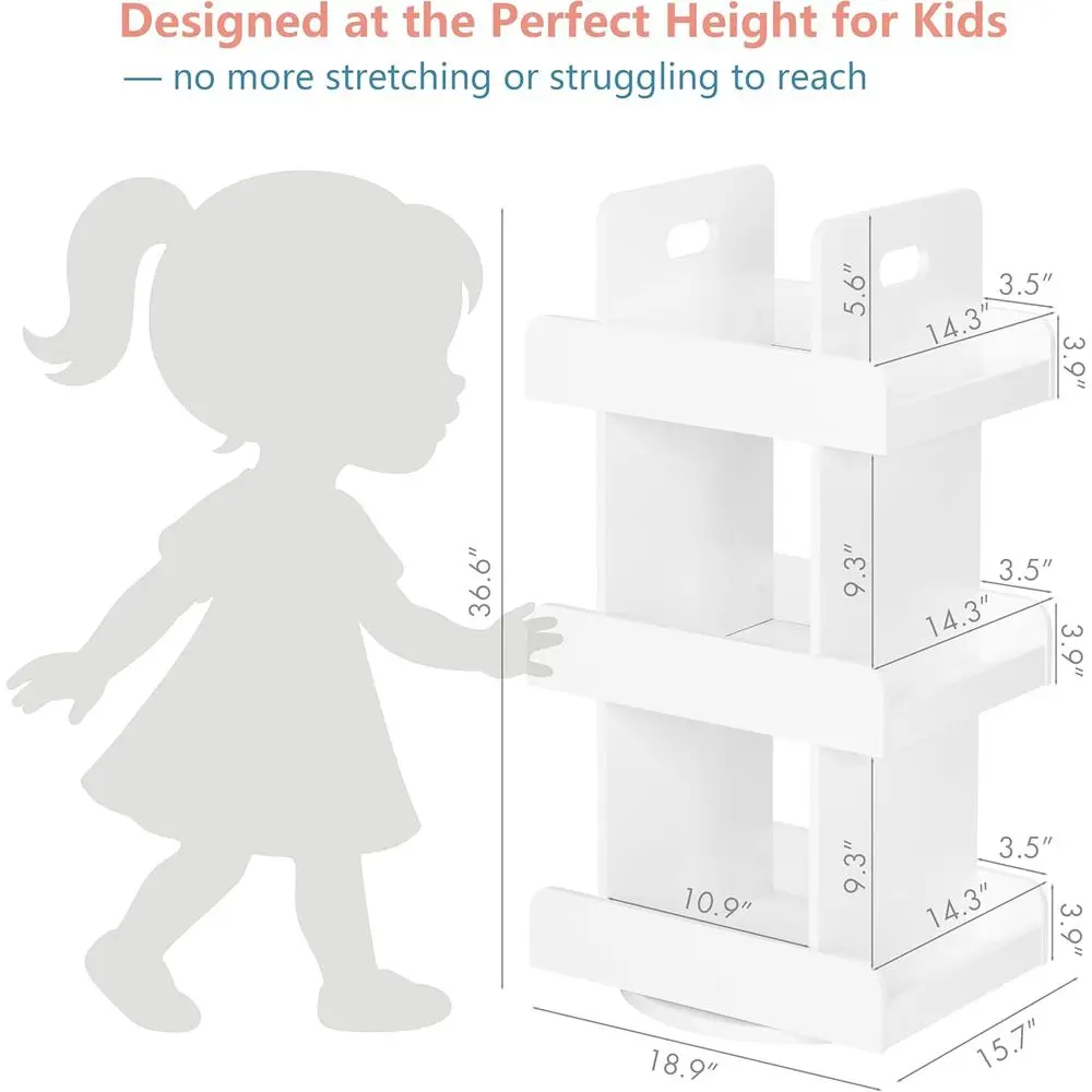 3-Tier White Rotating Bookshelf, Lazy Susan Style, 360° Vertical Display Organizer