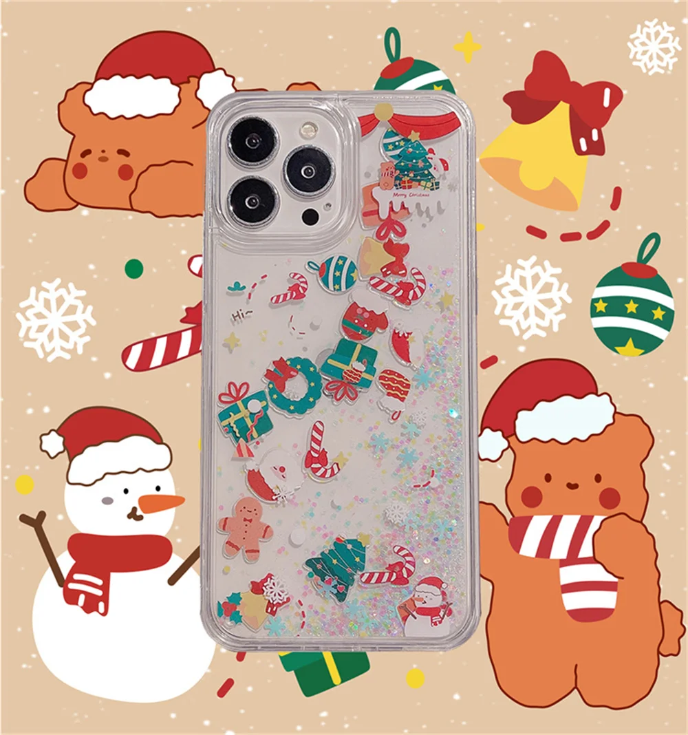 3D Christmas New Year Gift Case Cute Protection Cover Silicon Capa For iPhone 15 14 13 12 11 16 Pro Max Quicksand Glitter Cover