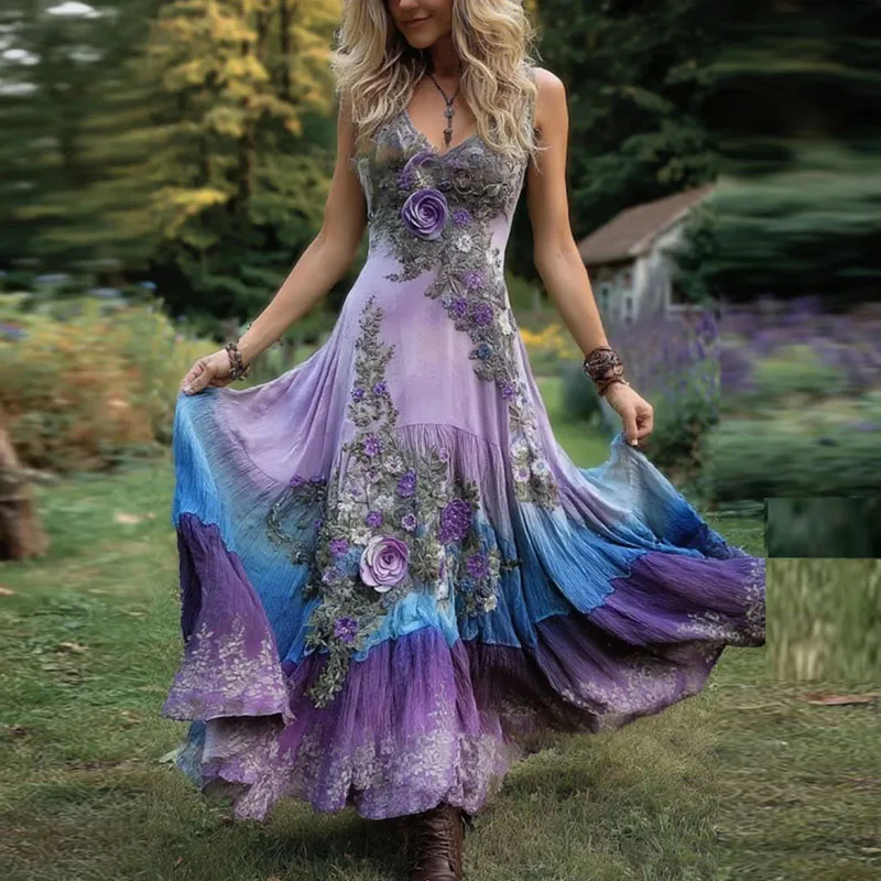 Sexy Hohl Tiefem V-ausschnitt Böhmischen Urlaub Kleid Frühling Retro Blume Drucken Swing Frau Kleider Sommer Ärmellose Strap Maxi Kleid