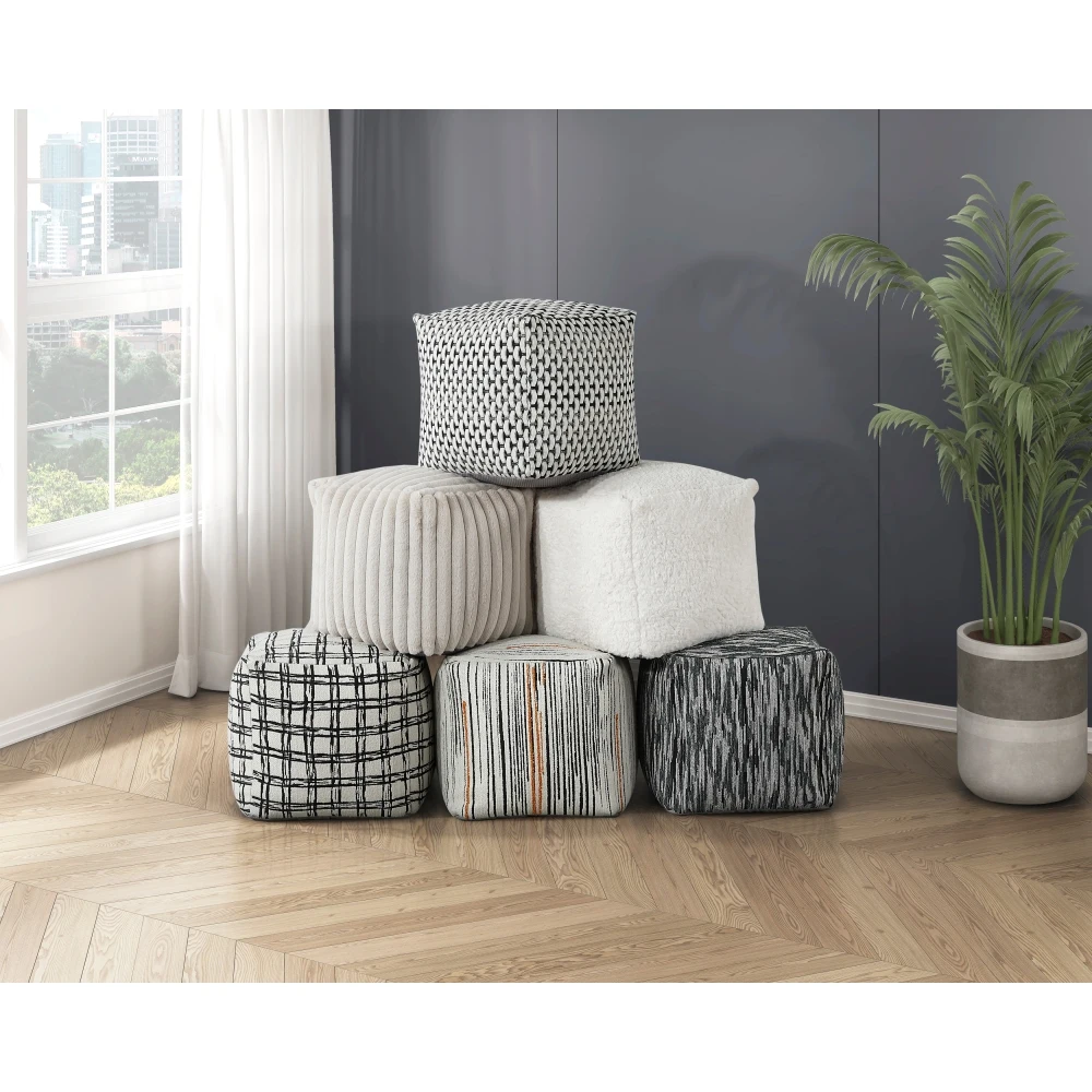 Square Pouf Plush Off-White Corduroy Fabric Upholstery Modern Ottoman, Footstool, Non-Slip Floor Pouf, Bean Bag Chair, 1pc Sitti