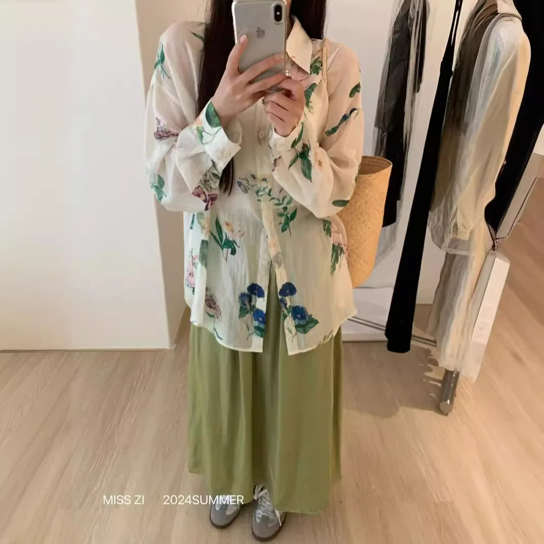 French vintage floral shirt Spring/Summer 2024 new western style aging senior sense long-sleeved sunscreen thin top women