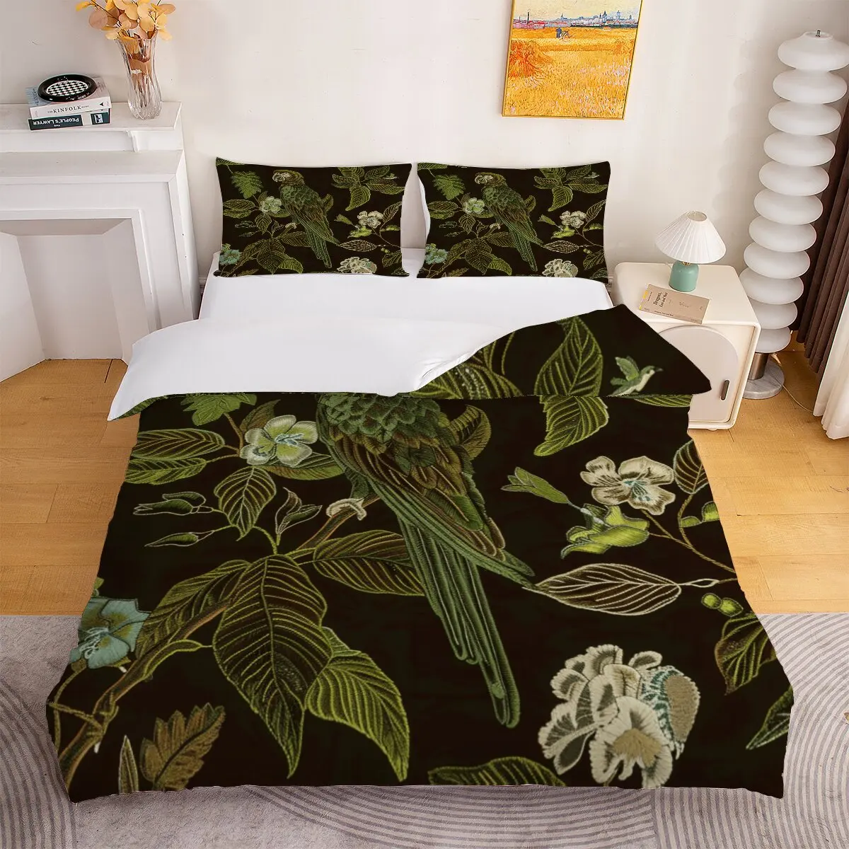 Green Parrot  Down comforter set, extra large size  Plant embroidery  1 duvet cover and 2 pillowcases (without blankets)