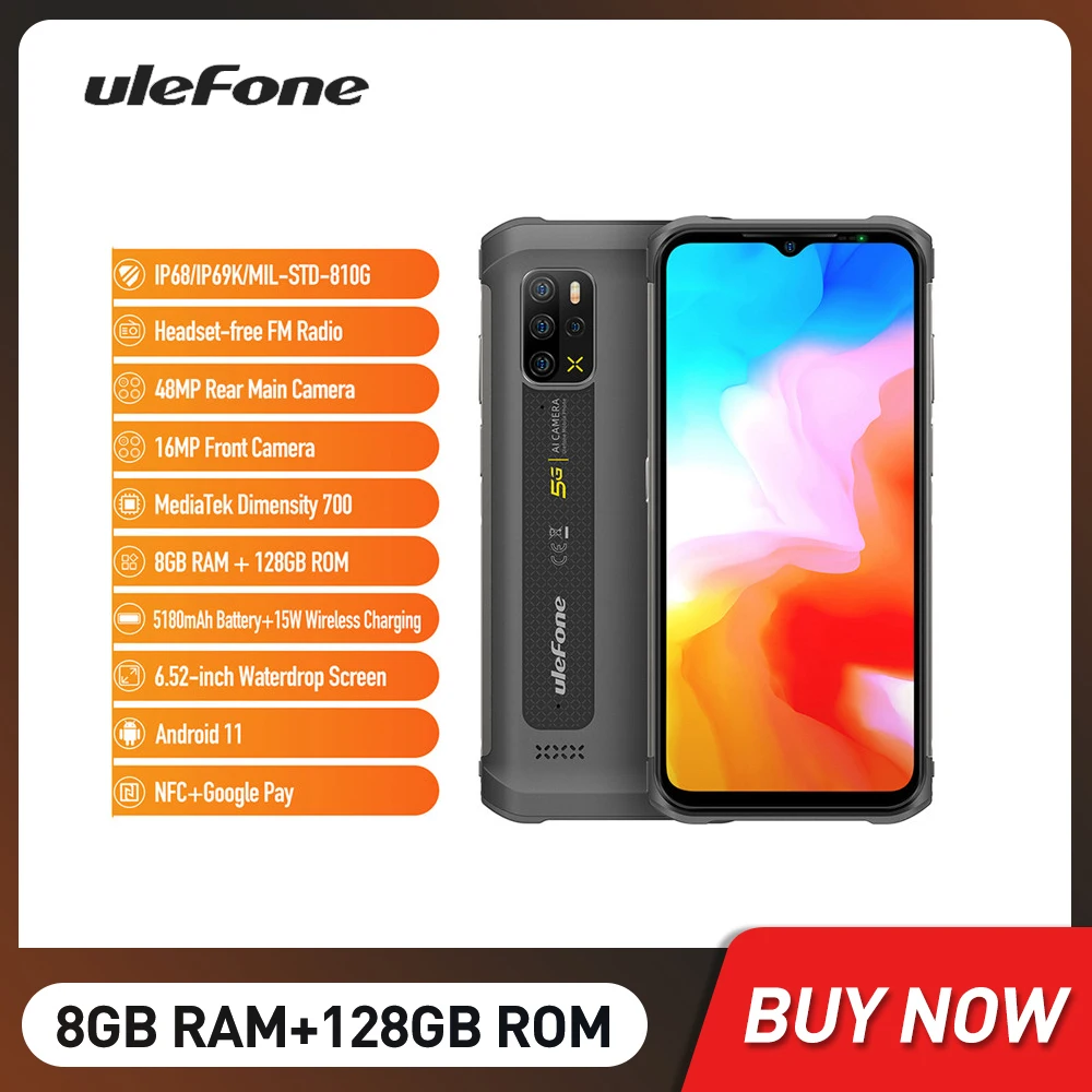 Armadura Ulefone 12 5G telefone robusto Android 11 8GB + 128GB telefone móvel 6.52 Polegada Smartphones à prova d'água 5180mAh carregamento sem fio NFC