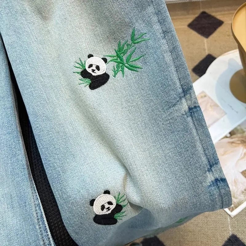 Geborduurde Panda Rechte Jeans Dames Zomer Hoge Taille Design Gevoel Casual Mode Temperament Slanke Wijde Broek