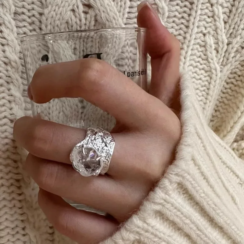 925 Sterling Silver Rings For Women Simple Vintage Handmade Adjustable Finger Small Stone Ring Fashion Band Female Bijoux Gift
