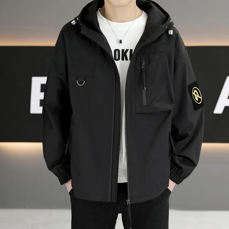 New 2025 Spring Autumn Men's Hooded Jackets Casual Solid Loose Coats Outdoor Plus Size M-8XL Tops Clothing Youth Windproof Parka