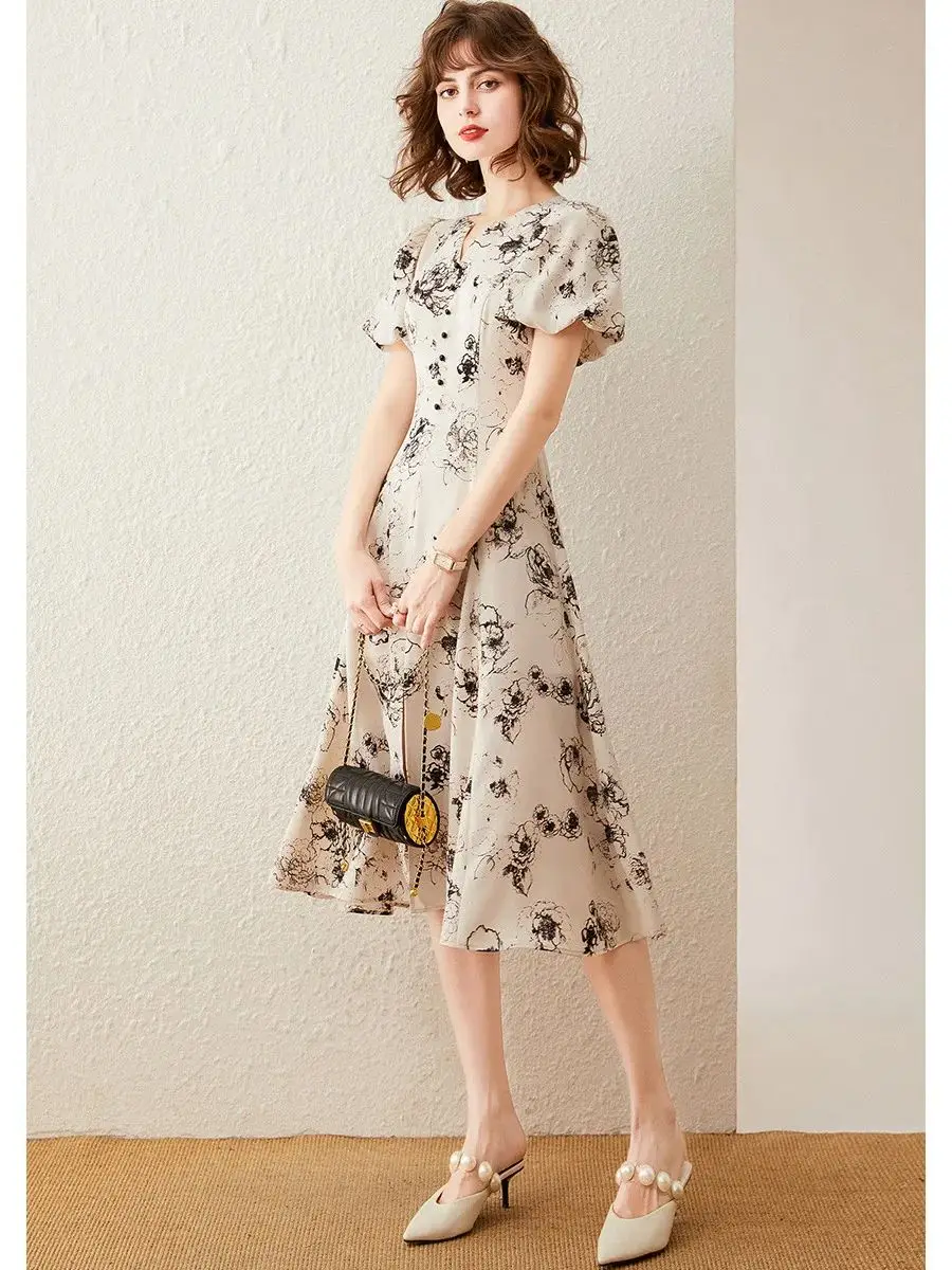 LOUIS YAO Women Dress 2024 Summer Elegant Print Floral Retro Basic Slim Fit Fuff Sleeve Short Sleeve V Neck Long Dress for Women