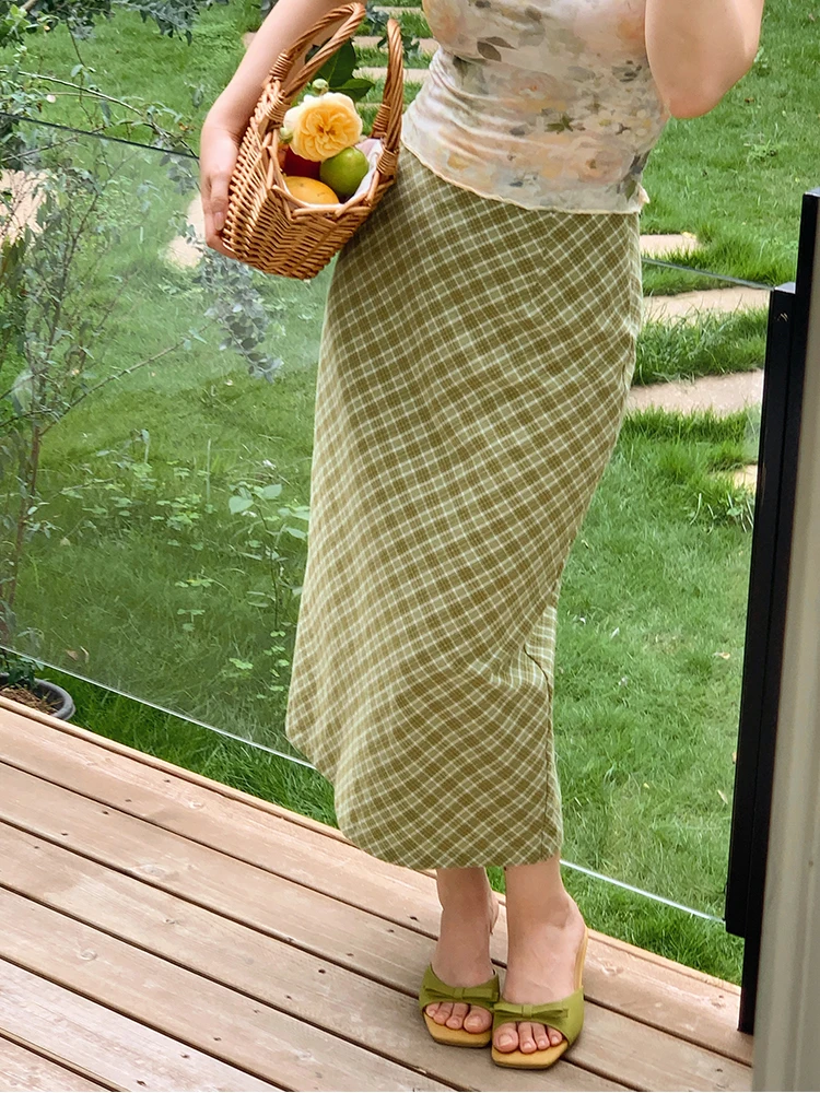 

Yuan Ying Retro Green Plaid Cotton Half Skirt High Waist Zipper Design Women's Summer Fashion High Waist Skirt Straight Cut