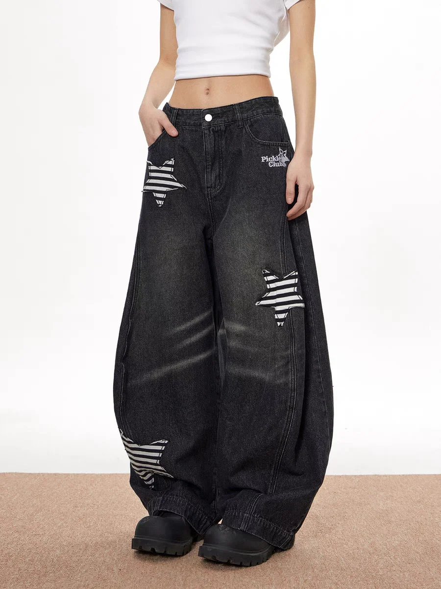 Frauen Schwarz Goth Y2k Kaninchen Jeans Vintage Harajuku Emo Baggy Star Jean Hosen Grunge Denim Hosen Japanische 2000er Jahre Stil Kleidung