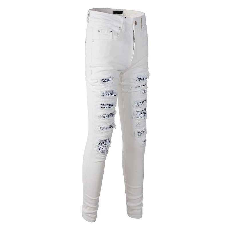 White Distressed Holes Paisley Bandanna Patchwork Skinny Stretch Ripped Jeans Men