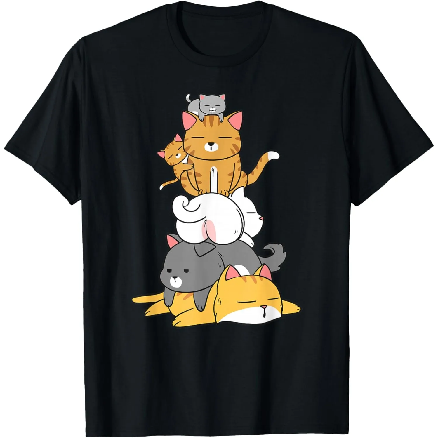 

Cute Cats Stacking Pyramid Graphic Tee Men Casual Short Sleeve Breathable Cotton T-Shirt