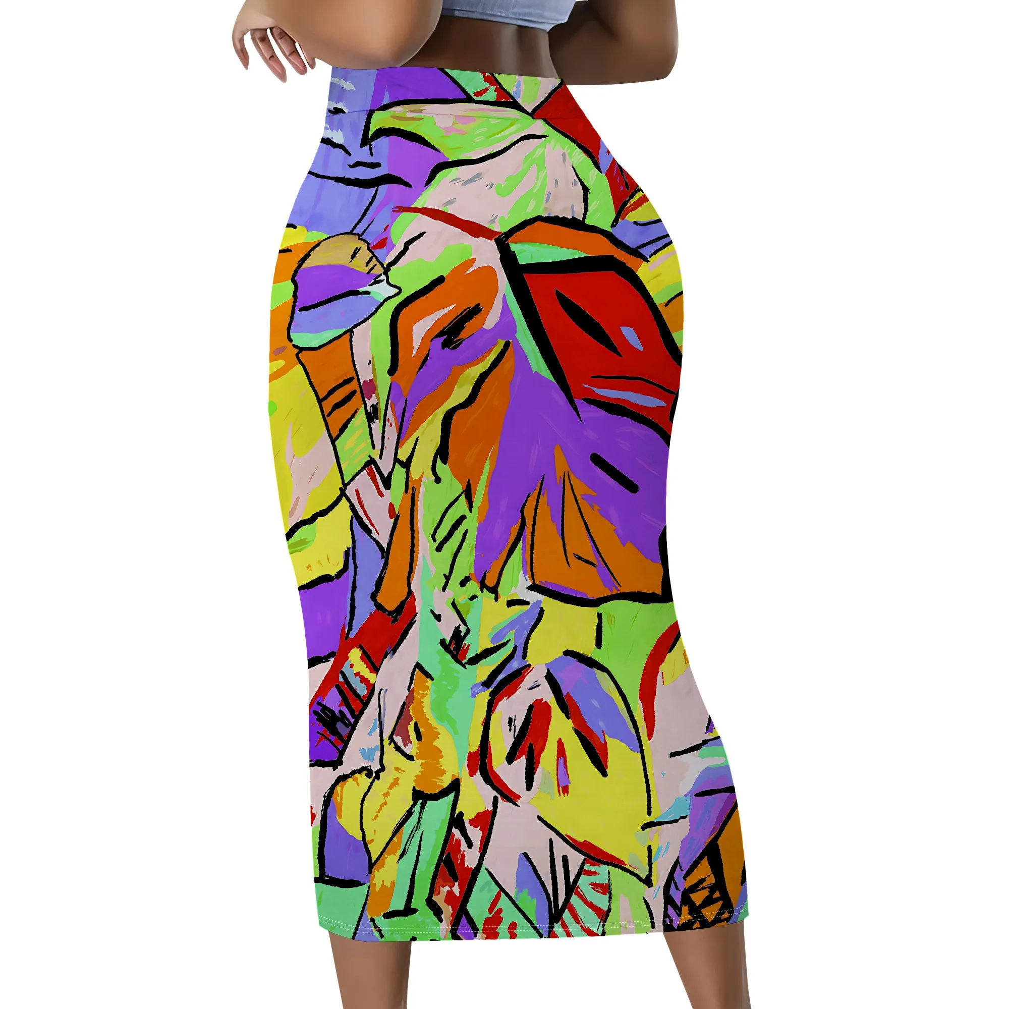 Abstrakter, bedruckter Rock, bunte Blätter, tropisches Muster, Midi-Länge, Sommerurlaub, S-2XL – Detail 3