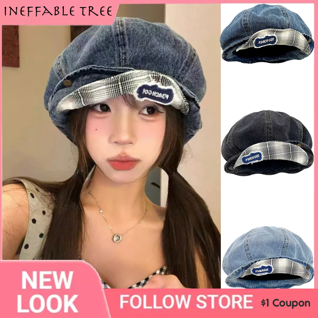 Y2K Letter Sticker Embroidered Flipped Brim Beret Hats for Women Spring Summer Travel Retro Denim Painter Cap Chapeau Femme