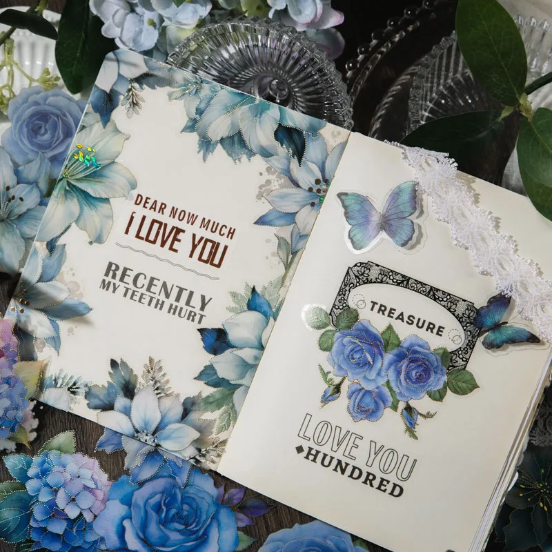 10pcs/pack Blue theme Flowers Stickers Decorative Adhesive Diy Creativity Scrapbooking hand made junk journal supplies