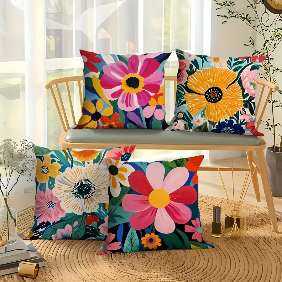 Juego  4 Fundas  Almohada Florales Coloridas  Arte Mágico Bohemio | Estilo Encantador, Múltiples Elementos, Lavables, Cier