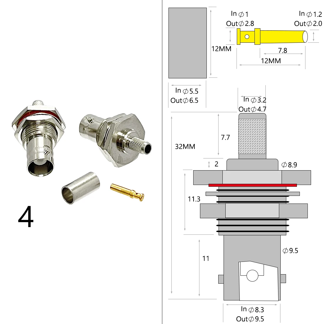 Conector coaxial RF para Cable RG316 RG174 RG58 RG142, conector BNC macho y hembra, cobre niquelado con dibujo nuevo, 1-4 piezas