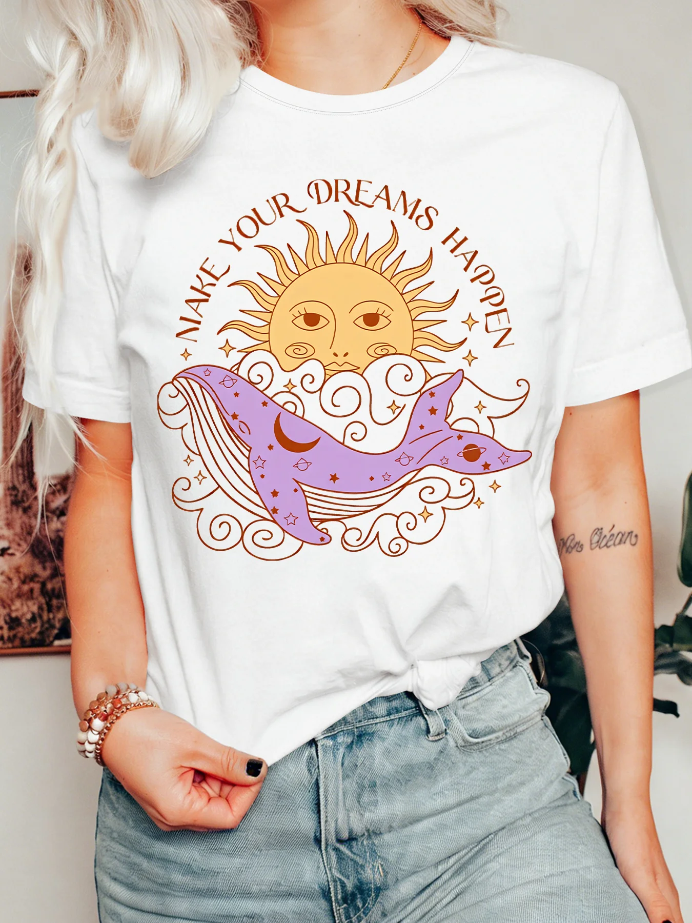 Cosmic Sun Whale Quote Womens Crew Neck Short Sleeve T Shirt Make Your Dreams Happen Mystic Retro Casual Graphic Tees For Ladies