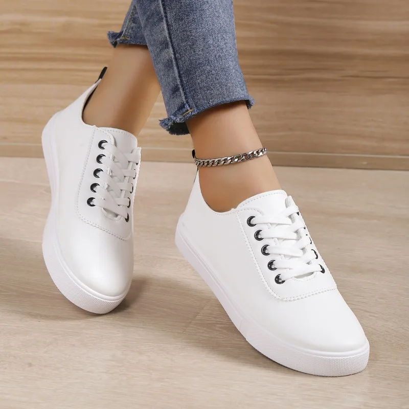 2024 Fashion Women's Shoes Lace Up Women's Vulcanize Shoes Spring Round Toe Solid Comfortable Low-heeled Sport Shoes Ladies