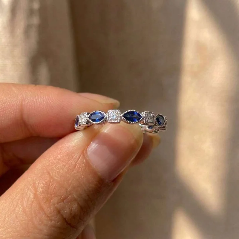 925 Sterling Silver Chic Female Finger Ring with Marquise Blue Zircon Eternity Promise Love Rings Daily Wear Party Women Jewelry