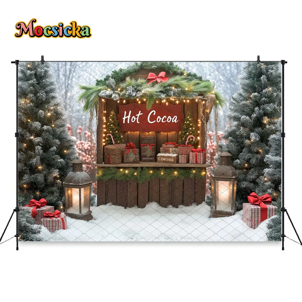Mocsicka Christmas Hot Cocoa Cart Background Photography Winter Snowy Pine Forest Snowflake Backdrop New Year Kids Outdoor Photo
