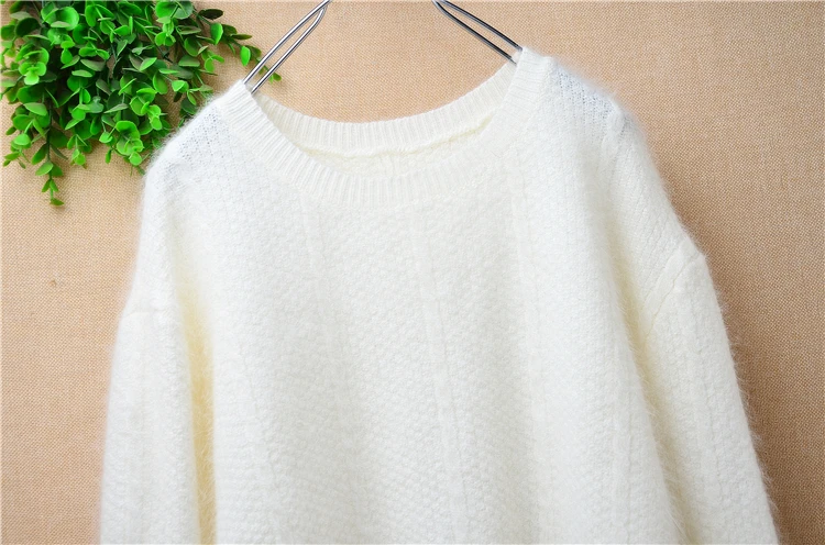 Ladies Women Fall Winter Clothing Beige Hairy Angora Rabbit Hair Knitted Long Sleeves O-Neck Loose Pullover Sweater Jumper Pull